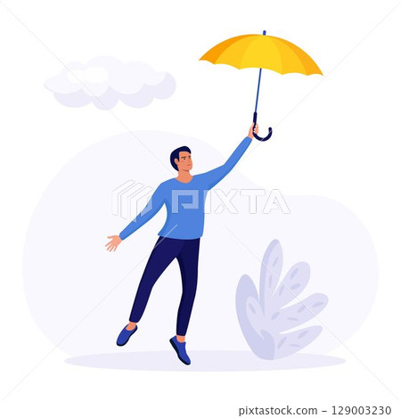 Happy man holding yellow umbrella, walking under rain 129003230