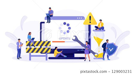 System Update. Tiny programmers upgrading operating system. IT specialists updating software, programs and applications. Technical error and service. Computer screen with updating progress bar. System Update. Tiny programmers upgrading operating system. IT specialists updating software, programs and applications. Technical error and service. Computer screen with updating progress bar. 129003231