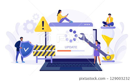 System Update. Tiny programmers upgrading operating system. IT specialists updating software, programs and applications. Technical error and service. Computer laptop screen with updating progress bar. System Update. Tiny programmers upgrading operating system. IT specialists updating software, programs and applications. Technical error and service. Computer laptop screen with updating progress bar. 129003232