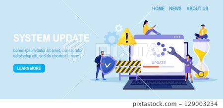 System Update. Tiny programmers upgrading operating system. IT specialists updating software, programs and applications. Technical error and service. Computer laptop screen with updating progress bar 129003234