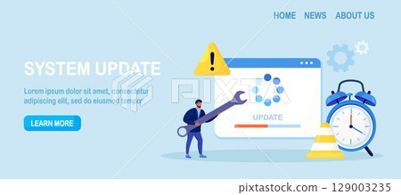 System Update. Tiny programmers upgrading operating system. IT specialists updating software, programs and applications. Technical error, service. Web page with updating progress bar and alarm clock System Update. Tiny programmers upgrading operating system. IT specialists updating software, programs and applications. Technical error, service. Web page with updating progress bar and alarm clock 129003235