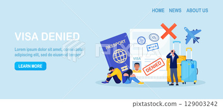 Open passport with stamp denied on travel visa, luggage, frustrated emigrant. Depressed people upset about refused entry. Travel abroad rejected. International vacation or emigration procedure Open passport with stamp denied on travel visa, luggage, frustrated emigrant. Depressed people upset about refused entry. Travel abroad rejected. International vacation or emigration procedure 129003242