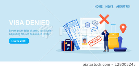 Open passport with stamp denied on travel visa, luggage, frustrated emigrant. Depressed man upset about refused entry. Travel abroad rejected. International vacation or emigration procedure 129003243