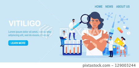 World vitiligo day. Doctor examines patient with skin problems. Happy girl hugs herself with vitiligo. Treatment of autoimmune diseases with tablets, ointments, blood test World vitiligo day. Doctor examines patient with skin problems. Happy girl hugs herself with vitiligo. Treatment of autoimmune diseases with tablets, ointments, blood test 129003244