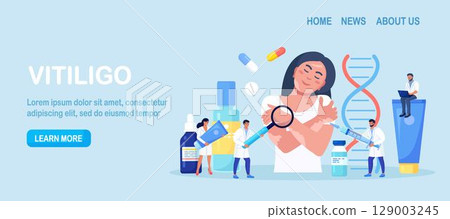 World vitiligo day. Doctor examines patient with skin problems. Happy girl hugs herself with vitiligo. Treatment of autoimmune diseases with tablets, ointments 129003245