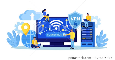 Virtual Private Network. People Using VPN Technology System to Protect his Personal Data in Smartphone, Computer. Secure Network Connection and Privacy Protection. Cyber Security, Traffic Encryption Virtual Private Network. People Using VPN Technology System to Protect his Personal Data in Smartphone, Computer. Secure Network Connection and Privacy Protection. Cyber Security, Traffic Encryption 129003247