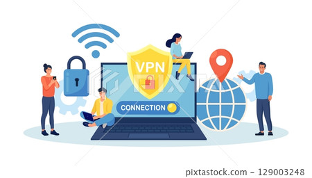 Virtual Private Network. People Using VPN Technology System to Protect his Personal Data in Smartphone, Computer. Secure Network Connection and Privacy Protection. Cyber Security, Traffic Encryption Virtual Private Network. People Using VPN Technology System to Protect his Personal Data in Smartphone, Computer. Secure Network Connection and Privacy Protection. Cyber Security, Traffic Encryption 129003248