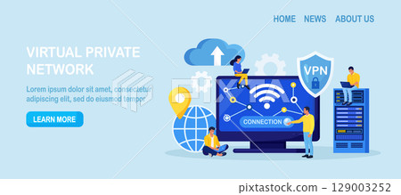 Virtual Private Network. People Using VPN Technology System to Protect his Personal Data in Smartphone, Computer. Secure Network Connection and Privacy Protection. Cyber Security, Traffic Encryption Virtual Private Network. People Using VPN Technology System to Protect his Personal Data in Smartphone, Computer. Secure Network Connection and Privacy Protection. Cyber Security, Traffic Encryption 129003252