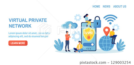 Virtual Private Network. People Using VPN Technology System to Protect his Personal Data in Smartphone, Computer. Secure Network Connection and Privacy Protection. Cyber Security, Traffic Encryption Virtual Private Network. People Using VPN Technology System to Protect his Personal Data in Smartphone, Computer. Secure Network Connection and Privacy Protection. Cyber Security, Traffic Encryption 129003254