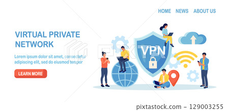 Virtual Private Network. People Using VPN Technology System to Protect his Personal Data in Smartphone, Computer. Secure Network Connection and Privacy Protection. Cyber Security, Traffic Encryption Virtual Private Network. People Using VPN Technology System to Protect his Personal Data in Smartphone, Computer. Secure Network Connection and Privacy Protection. Cyber Security, Traffic Encryption 129003255