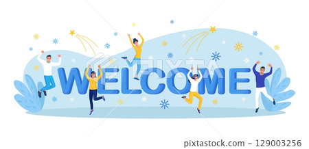Welcome party concept. Happy multiethnic team standing together, waving and inviting newcomer, new customer, colleague. Men and women greet new team member. Friendly colleagues and partners Welcome party concept. Happy multiethnic team standing together, waving and inviting newcomer, new customer, colleague. Men and women greet new team member. Friendly colleagues and partners 129003256