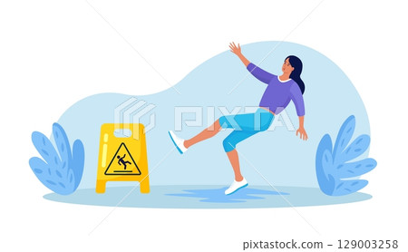 Slip Wet Floor. Inconsiderate Woman in Casual Clothes Slips in Puddle and Downfall. Injured Character Stumbling and Falling near Yellow Caution Danger Sign 129003258