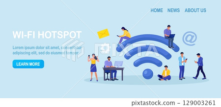 People working with portable devices near big wifi sign in free internet zone. Public free wi-fi hotspot, wireless connection. Characters surfing internet. Technology globalization and reachability People working with portable devices near big wifi sign in free internet zone. Public free wi-fi hotspot, wireless connection. Characters surfing internet. Technology globalization and reachability 129003261