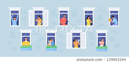 Outer wall of house with neighbors and dog at windows. Happy men and women look out of apartments reading, take photo, chatting with phone, hugging, listening music. Stay home, daily routine activity 129003264