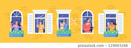 Outer wall of house with neighbors and dog at windows. Happy men and women look out of apartments reading, take photo, chatting with phone, hugging, holding child. Stay home, daily routine activity 129003266