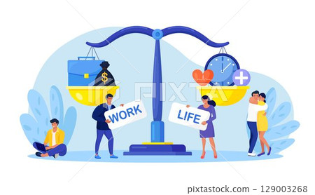 Life and work balance on scales. People keep harmony choose between career and money versus health and time, leisure or business. Comparison stress and healthy life, family, love versus job Life and work balance on scales. People keep harmony choose between career and money versus health and time, leisure or business. Comparison stress and healthy life, family, love versus job 129003268