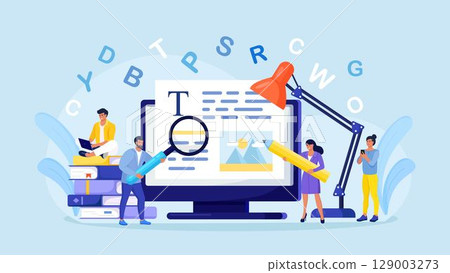 Blog authors writing articles, making valuable content. Freelance writers creating internet content. Copy writer workshop. Writing texts, creativity and promotion, seo marketing Blog authors writing articles, making valuable content. Freelance writers creating internet content. Copy writer workshop. Writing texts, creativity and promotion, seo marketing 129003273