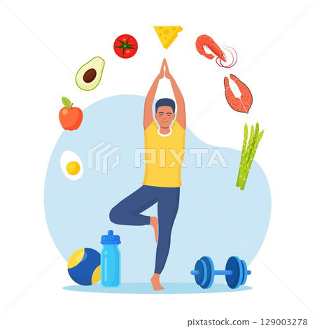 Diet plan. Man doing exercise and planning diet with fruit and vegetable. Guy doing yoga. Dietary eating, meal planning, nutrition consultation, healthy food, sport. Health lifestyle, fitness Diet plan. Man doing exercise and planning diet with fruit and vegetable. Guy doing yoga. Dietary eating, meal planning, nutrition consultation, healthy food, sport. Health lifestyle, fitness 129003278