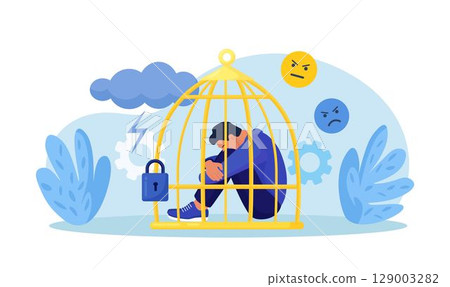 Psychological mindset as feeling like trapped in birdcage. Inner prison as mind state. Personal mental trap as closed cage. Stuck in comfort zone. Mental illness, anxiety, depression, loneliness 129003282