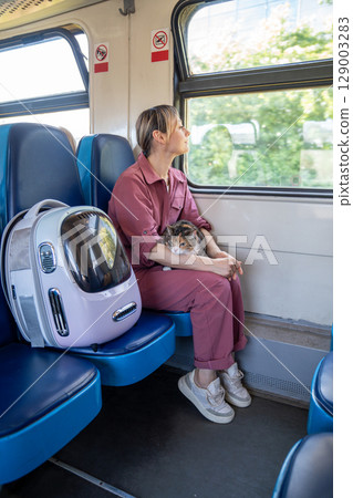 Frightened annoyed cat pressing close to woman ride train and gazing out window, displeased pet trip 129003283