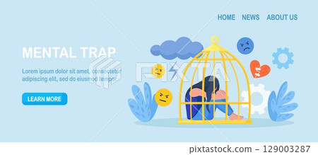 Psychological mindset as feeling like trapped in birdcage. Inner prison as mind state. Personal mental trap as closed cage. Stuck in comfort zone. Mental illness, anxiety, depression, loneliness Psychological mindset as feeling like trapped in birdcage. Inner prison as mind state. Personal mental trap as closed cage. Stuck in comfort zone. Mental illness, anxiety, depression, loneliness 129003287