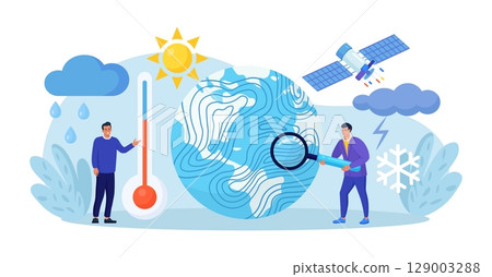 Meteorology, geophysics science. Meteorologists studying, researching climate condition. Weather forecaster predict weather with satellite service, met station and space engineering. Planetary science 129003288