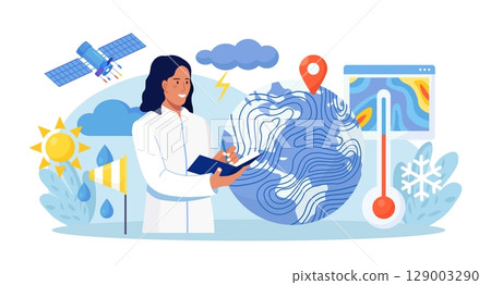 Meteorology, geophysics science. Meteorologists studying, researching climate condition. Weather forecaster predict weather with satellite service, met station and space engineering. Planetary science 129003290