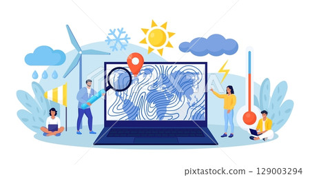 Meteorology, geophysics, weather prediction. Meteorologist studying and researching weather, climate condition online on laptop with world cyclone map. Forecasters work in meteorological center 129003294