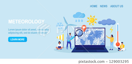 Meteorology, geophysics, weather prediction. Meteorologist studying and researching weather, climate condition online on laptop with world cyclone map. Forecasters work in meteorological center 129003295