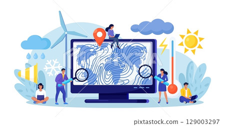 Meteorology, geophysics, weather prediction. Meteorologist studying and researching weather, climate condition online on computer with world cyclone map. Forecasters work in meteorological center 129003297