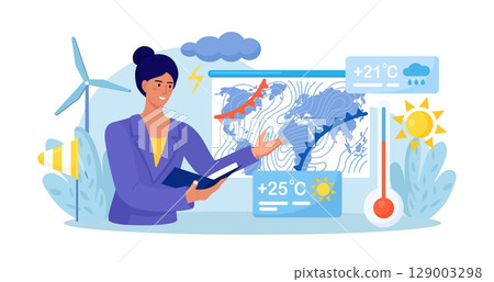 Weather forecast online. Presenter with atmospheric precipitation map on background. Weather broadcast. Woman presenting meteorology newscast. Meteorological television news and announcement 129003298