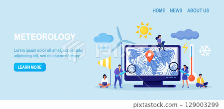 Meteorology, geophysics, weather prediction. Meteorologist studying and researching weather, climate condition online on computer with world cyclone map. Forecasters work in meteorological center 129003299