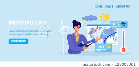 Weather forecast online. Presenter with atmospheric precipitation map on background. Weather broadcast. Woman presenting meteorology newscast. Meteorological television news and announcement 129003301