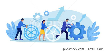 Business organization. Teamwork. People working together to help success mission. Businessmen are engaged in business promotion. Cooperation or community concept. Employees create mechanism with cogs 129003304