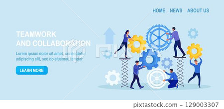 Business organization. Teamwork. People working together to help success mission. Businessmen are engaged in business promotion. Cooperation or community concept. Employees create mechanism with cogs Business organization. Teamwork. People working together to help success mission. Businessmen are engaged in business promotion. Cooperation or community concept. Employees create mechanism with cogs 129003307