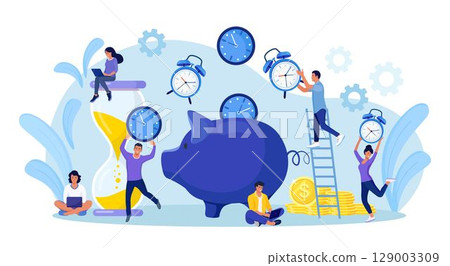 People putting clock into piggy bank. Time management planning, Deadline. Saving time techniques, tips and tricks for planning, scheduling. Work organization and business management. Times is money 129003309
