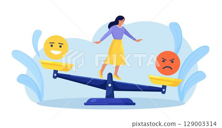 Emotional intelligence, balance emotion. Woman balanced on scales with bad and good emotions. Unstable mental state and tight emotion control. Psychological and mental stability. Mindful calm, harmony 129003314