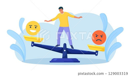 Emotional intelligence, balance emotion. Man balanced on scales with bad and good emotions. Unstable mental state and tight emotion control. Psychological and mental stability. Mindful calm, harmony Emotional intelligence, balance emotion. Man balanced on scales with bad and good emotions. Unstable mental state and tight emotion control. Psychological and mental stability. Mindful calm, harmony 129003319