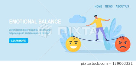 Emotional intelligence, balance emotion. Man walk thin rope with bad and good emotions. Unstable mental state and tight emotion control. Psychological and mental stability. Mindful calm, harmony 129003321