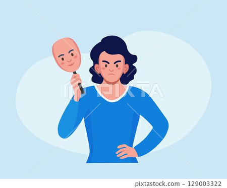 Sad woman holds face mask with happy mood. Person hiding true emotions, psychological problems. Fake feelings, mental disorder changing personality. Manic depression, bipolar illness 129003322