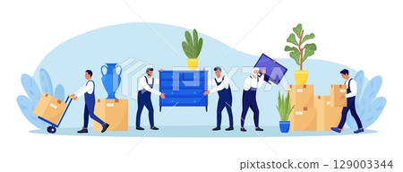 Moving to new apartment. Home relocation. Delivery company services. Loaders in overalls taking home appliances, goods, plants out of apartment. Movers carrying cardboard boxes, assembling furniture Moving to new apartment. Home relocation. Delivery company services. Loaders in overalls taking home appliances, goods, plants out of apartment. Movers carrying cardboard boxes, assembling furniture 129003344