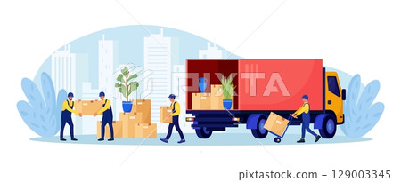 Relocation, moving to new house. Man in overalls loading box in van. Professional delivery company, loader service. Workers carry goods and furniture using trolley. Pile of stacked boxes in truck Relocation, moving to new house. Man in overalls loading box in van. Professional delivery company, loader service. Workers carry goods and furniture using trolley. Pile of stacked boxes in truck 129003345