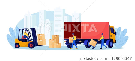 Warehouse workers loading, stacking goods with electric lifters in delivery car. Forklift truck with driver, electric uploader. Industrial logistics, delivery service. Merchandising business 129003347