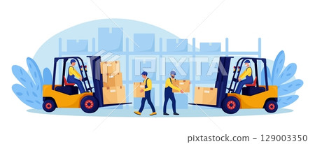 Yellow forklift truck with driver, electric uploader. Industrial logistics, delivery service. Storage equipment. Warehouse workers loading, stacking goods with electric lifters. Merchandising business 129003350