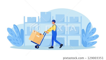 Warehouse worker pushing hand cart with effort, man moving pushcart. Carrier carrying goods in cardboard boxes on dolly. Loader with cargo on trolley. Logistics and delivery service. Storage equipment Warehouse worker pushing hand cart with effort, man moving pushcart. Carrier carrying goods in cardboard boxes on dolly. Loader with cargo on trolley. Logistics and delivery service. Storage equipment 129003351