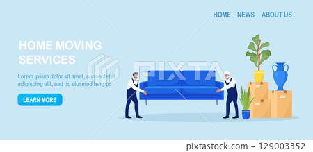 Home relocation. Moving to new apartment. Delivery company services. Loaders in overalls taking sofa, couch, belongs out of apartment. Movers carrying cardboard boxes, assembling furniture 129003352
