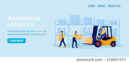 Yellow forklift truck with driver, electric uploader. Industrial logistics, delivery service. Storage equipment. Warehouse workers loading, stacking goods with electric lifters. Merchandising business 129003357