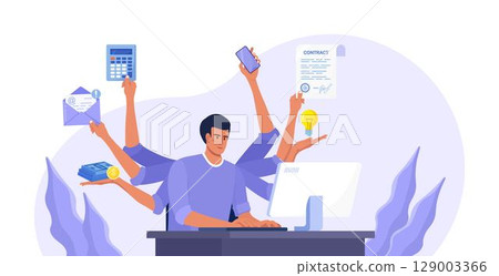 Businessman with many arms sitting at computer in office and doing many tasks at the same time. Freelance worker. Multitasking skills, effective time management and productivity concept Businessman with many arms sitting at computer in office and doing many tasks at the same time. Freelance worker. Multitasking skills, effective time management and productivity concept 129003366
