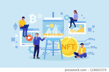NFT as non-fungible token for digital blockchain unit. People making digital transaction for buying masterpieces. Online gallery nft art. Collectible digital file sale. Artist create crypto art 129003374