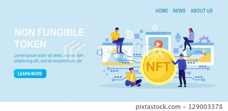 NFT Marketplace with Crypto Art Items on Sale and Blockchain Technology. People Use Non Fungible Token Cryptocurrency to Buy Exclusive Arts, Masterpieces and Antiquities in Cyber Space 129003378
